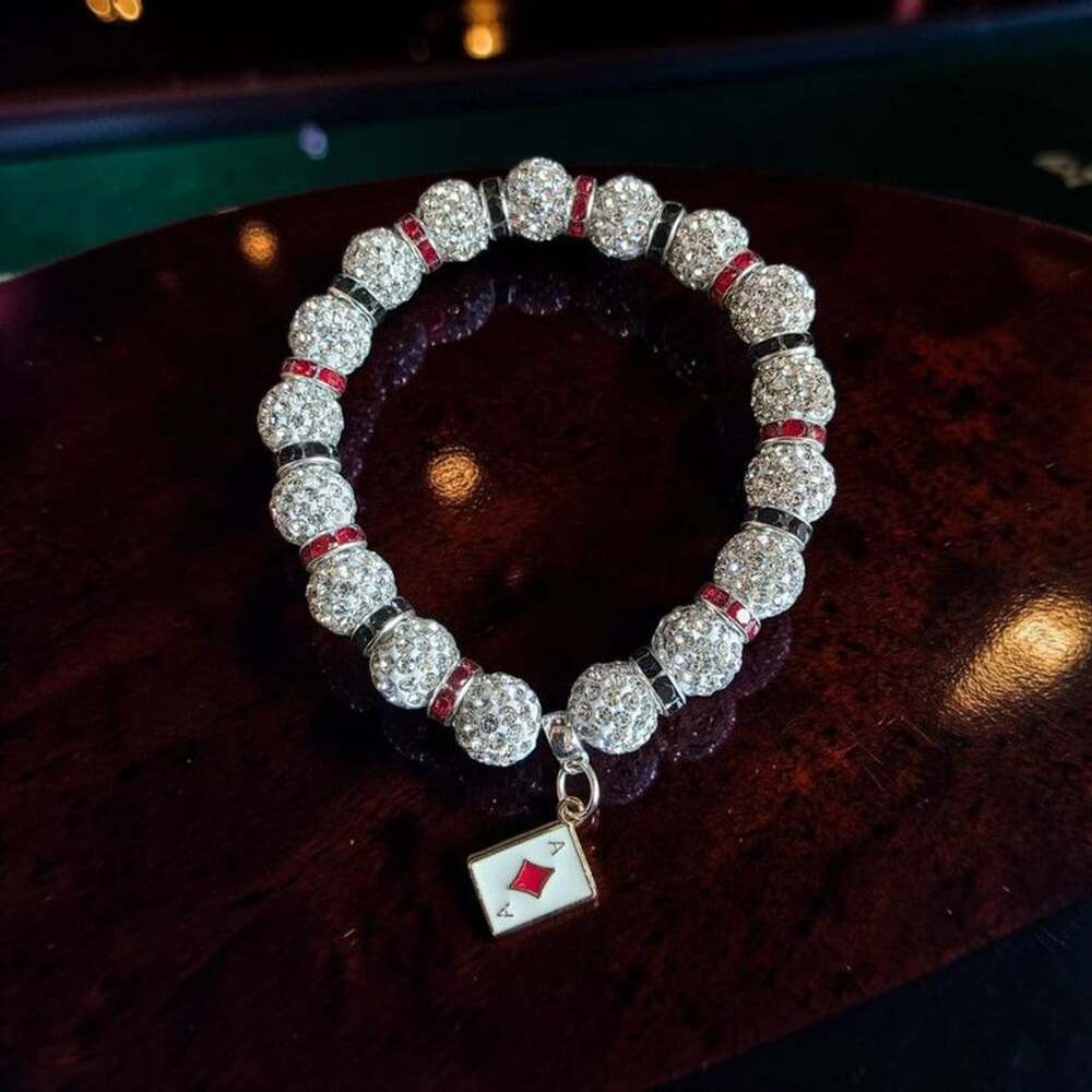Sparkly Pavรฉ Disco Ball Bead Stretch Bracelet with Ace of Diamonds Card Charm